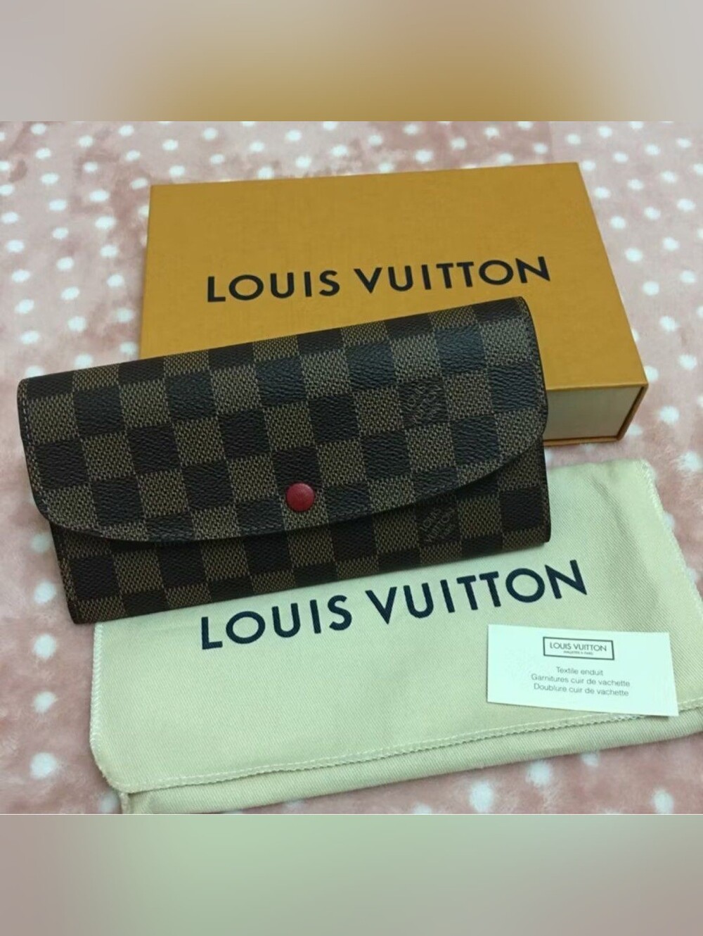 Louis Vuitton Damier Ebene Continental Wallet with Red Snap Closure